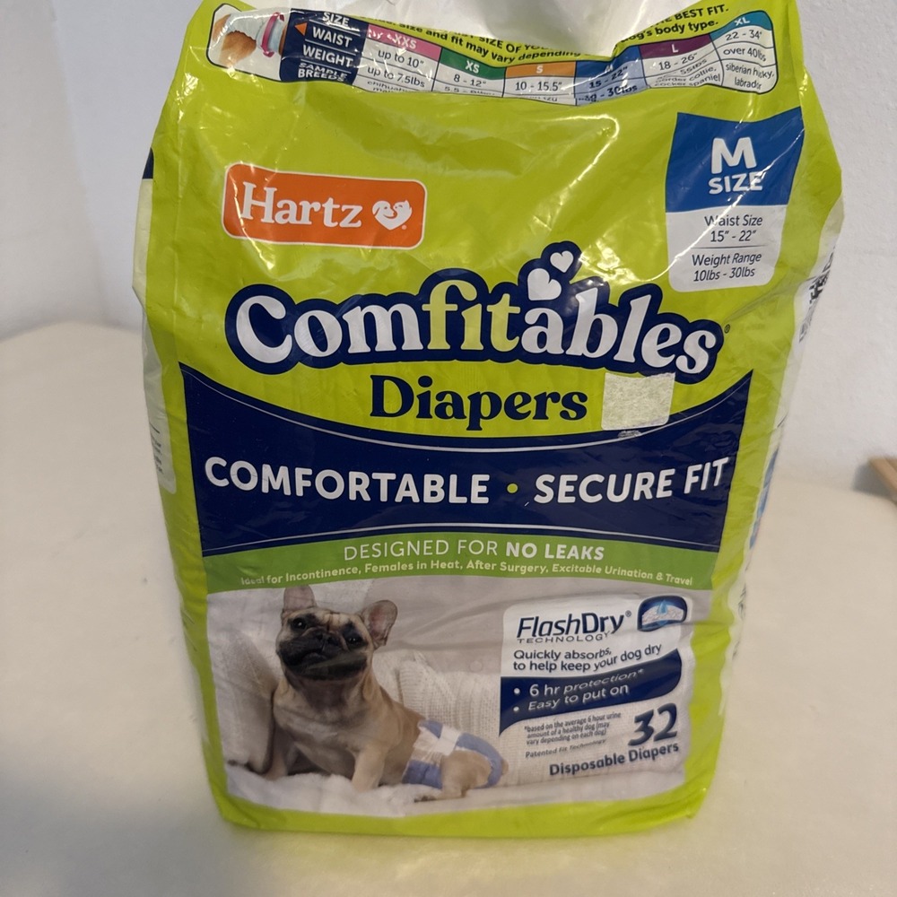 Hartz Comfitables Dog Diapers Disposable Pug 10-30lb No Leaks! , Size M 32 Count